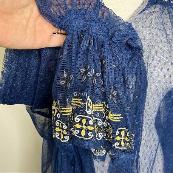 Free People Joyride Navy Blue Sheer Bell Sleeve Blouse Small - Picture 9 of 12
